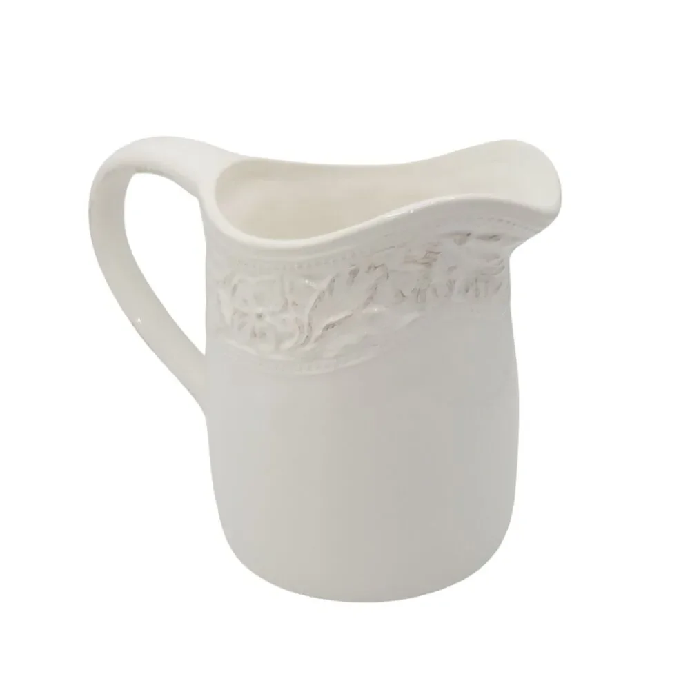 Pfaltzgraff Country Cupboard 7in Vintage Pitcher Vase Ivory Embossed Floral Band